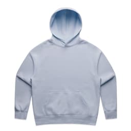 A light blue hoodie with a front pocket and a hood, featuring a logo on the front.