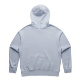 A light blue hoodie with a hood and ribbed cuffs. The back is plain and features a logo.
