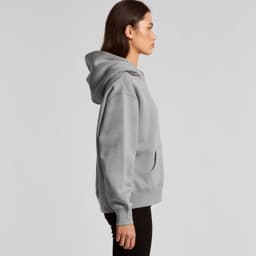 A grey hoodie featuring a kangaroo pocket and a hood, presented from the side. It includes a logo.