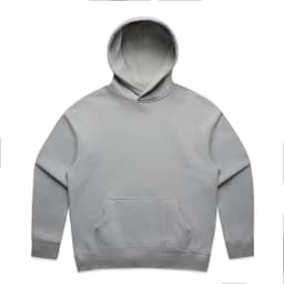 A light grey hoodie with a front pocket and a drawstring hood, featuring a logo.