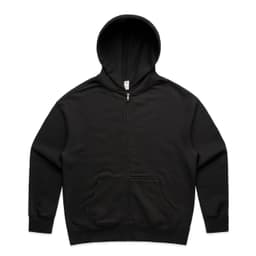 A black zip-up hoodie featuring a front pocket and a hood, with a logo on the garment.