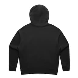 A black zip hoodie featuring a hood and long sleeves, with a branding logo on the back.