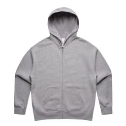 A grey zip-up hoodie with a hood and front pockets, featuring a logo.