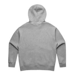 A grey hooded jumper with a spacious hood and long sleeves, featuring a branded logo on the back.