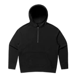 A black half zip hoodie with a front pocket and a hood, featuring a logo. It is designed for comfort and style.