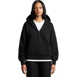 A black half zip hoodie with a front pocket and a hood, featuring a logo on the chest.