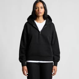 A black half-zip hoodie featuring a front pocket and a hood. It has a simple design and a relaxed fit.