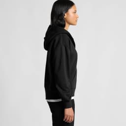 A black hooded jumper featuring a half zip design, with a side view of a model wearing it.