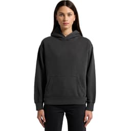 A faded black hoodie with a front pocket and a large hood, featuring a small logo.