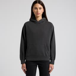 A faded black hoodie with a front pocket and an attached hood, featuring a branding logo.