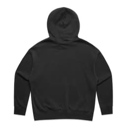A black hoodie featuring a hood and long sleeves, with a simple design and a logo on the back.