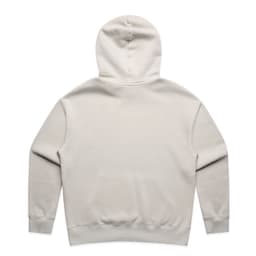 A faded cream hoodie with a drawstring hood and long sleeves, featuring a branding logo.