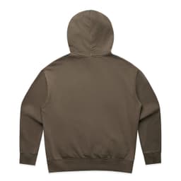 A faded olive green hoodie with a hood, featuring long sleeves and ribbed cuffs. Includes a branding logo.