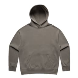 A faded olive green hoodie with a front pouch pocket and a hood, featuring a logo.