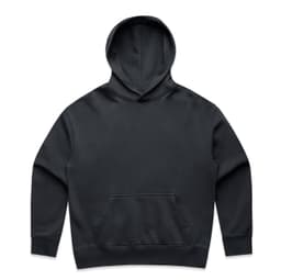 A black hoodie featuring a front pouch pocket and a large hood. It has a logo on the design.