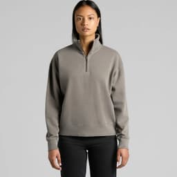 A grey half-zip jacket with a relaxed fit, featuring long sleeves and a collar. It has a subtle logo.