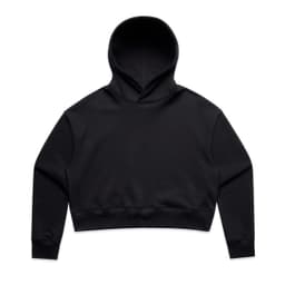 A cropped black hoodie with a hood, featuring a minimalistic design and fitted cuffs. Includes a logo.