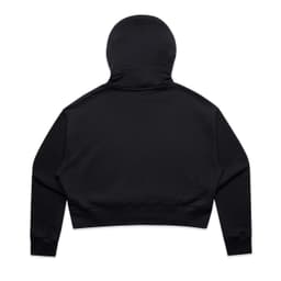 A black crop hoodie with a hood and a fitted bottom hem. The back view displays a minimalist design.