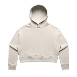 A cropped hoodie in a soft beige colour, featuring a hood and long sleeves. Includes a logo on one side.