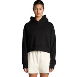 A black cropped hoodie with a hood, featuring long sleeves and a relaxed fit, displayed on a model.