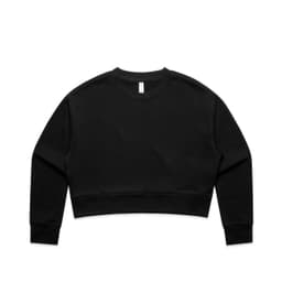 A black cropped crew jumper with long sleeves and a round neck. It features a small branding label.
