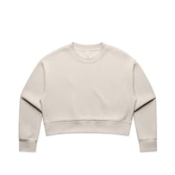 A cream-coloured cropped jumper with a crew neckline and long sleeves. It features a simple design and has a logo.