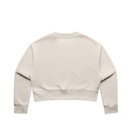 A beige crop crew jumper featuring a simple design and long sleeves with a logo on the back.