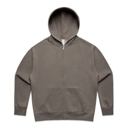 A faded olive green zip-up hoodie with a hood and front pockets. It has a branding logo.