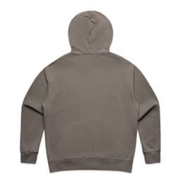 A faded olive green hoodie with a large hood and long sleeves, featuring a brand logo on the back.