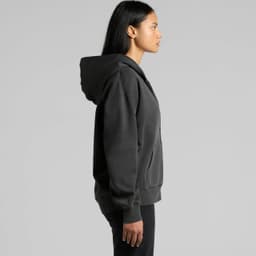 A faded zip hoodie in charcoal grey, featuring a hood and a kangaroo pocket, shown from the side.
