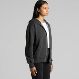 A dark grey zip hoodie features a hood and front pockets, with casual styling and a relaxed fit.