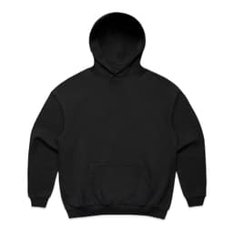 A black hoodie with a hood and a front pocket, featuring a logo on the front.