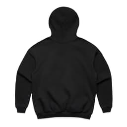 A black hooded jumper featuring a smooth back design and elasticised hem and cuffs. It has a logo.