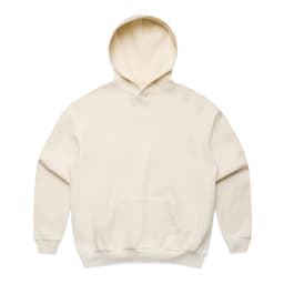 A cream-coloured hoodie featuring a front pocket and a hood, with branding on the garment.