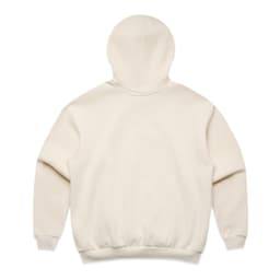 A cream-coloured hoodie with a large hood and ribbed cuffs and hem, featuring a logo.