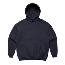 A navy blue hoodie with a front pocket and a drawstring hood. It has a logo present.