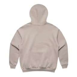 A beige hoodie with a back view, featuring a large hood and ribbed cuffs. The product has a logo.