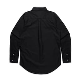 A black button-up shirt with long sleeves and a classic collar, featuring a logo on the back.