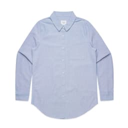A light blue button-up shirt with a collar and a single chest pocket, featuring a logo.