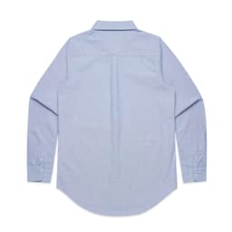 A light blue button-up shirt with long sleeves and a back pleat. The shirt has a collar and buttoned cuffs.