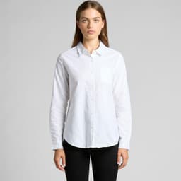 A white button-up shirt with a pocket, featuring long sleeves and a slight sheen. It has a branding logo.