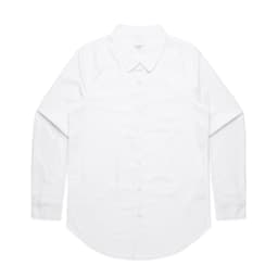 A white button-up shirt with long sleeves and a chest pocket, featuring a subtle logo.