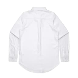 A white button-up shirt with long sleeves and a rear yoke design, featuring logo branding.