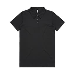 A black polo shirt featuring a classic collar and a logo. It has short sleeves and a button-up front.