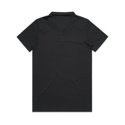 A black polo shirt featuring a collar and short sleeves, with a small logo on the upper side.