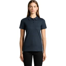 A navy blue polo shirt with a collar and buttons, featuring a logo on the chest.