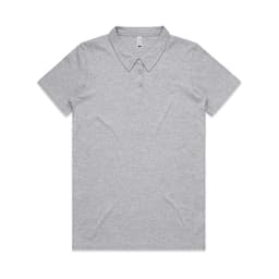 A grey polo shirt featuring a classic collar and button placket, with a branding logo.