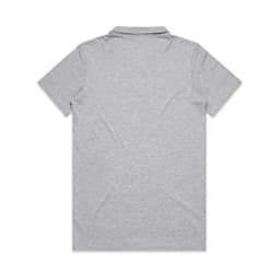 A grey polo shirt with a collar and short sleeves, featuring a branding logo.