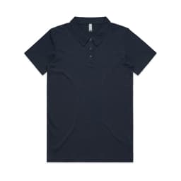 A navy blue polo shirt featuring a collar and button placket, with a logo on the chest.