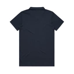 A dark navy polo shirt with a collar and short sleeves, featuring a logo on the front.